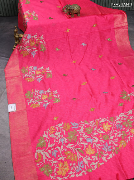 Matka tussar saree pink with embroidery buttas and embroidery pallu & zari border