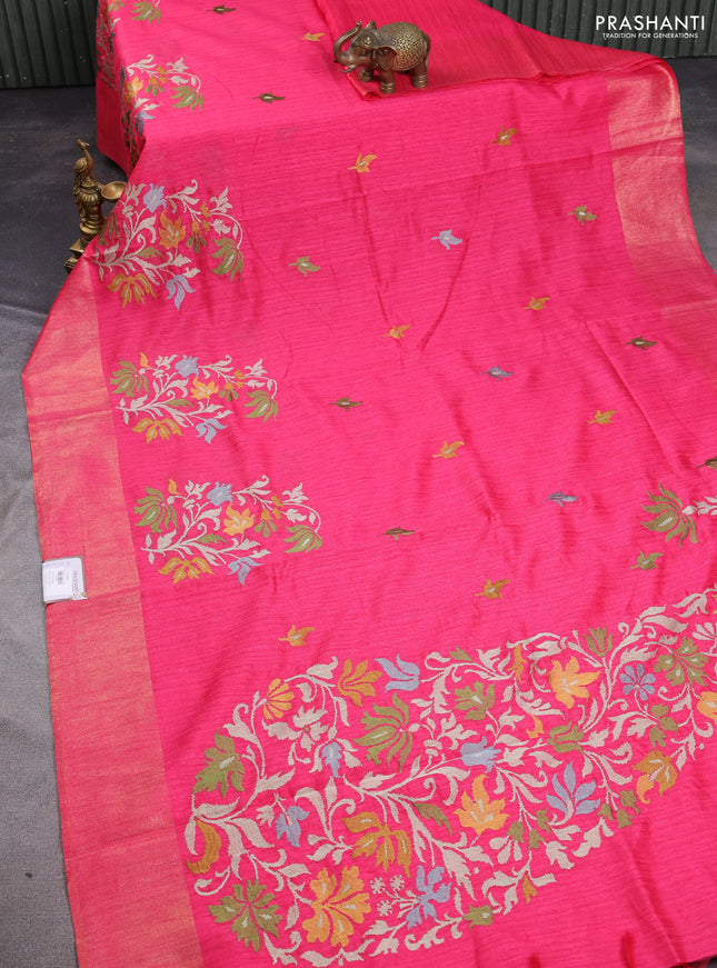 Matka tussar saree pink with embroidery buttas and embroidery pallu & zari border