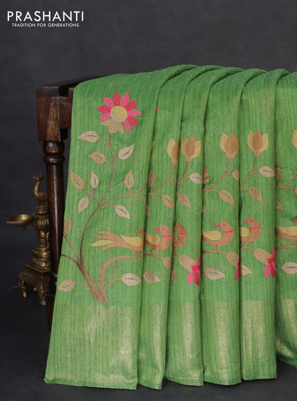 Matka tussar saree green with embroidery buttas and embroidery pallu & zari border