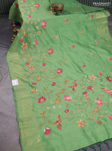 Matka tussar saree green with embroidery buttas and embroidery pallu & zari border
