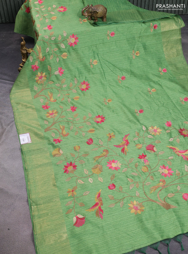 Matka tussar saree green with embroidery buttas and embroidery pallu & zari border