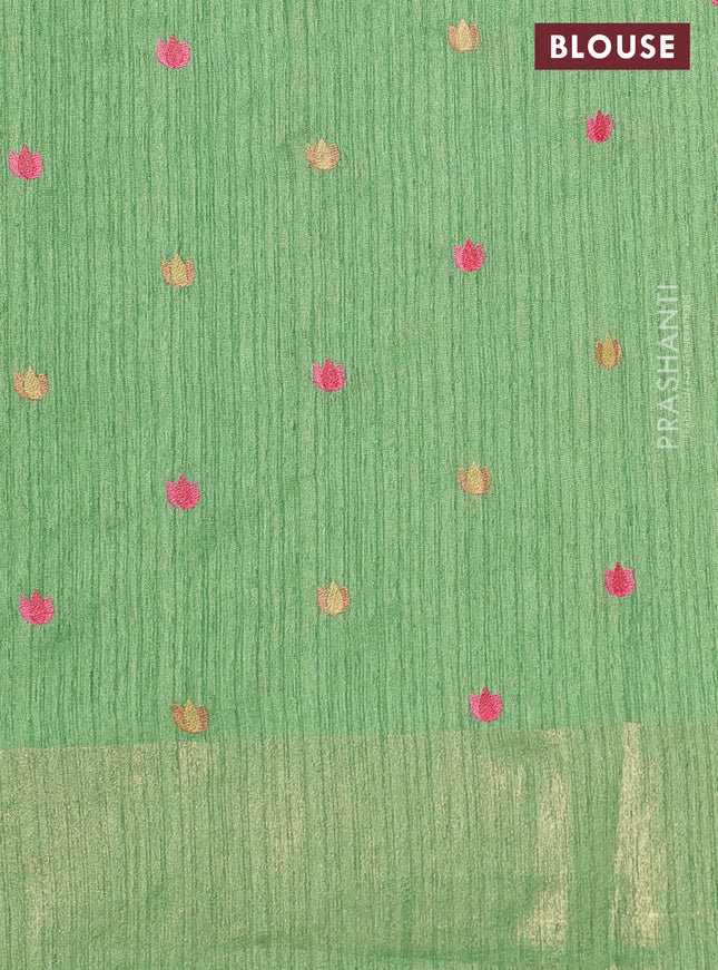 Matka tussar saree green with embroidery buttas and embroidery pallu & zari border