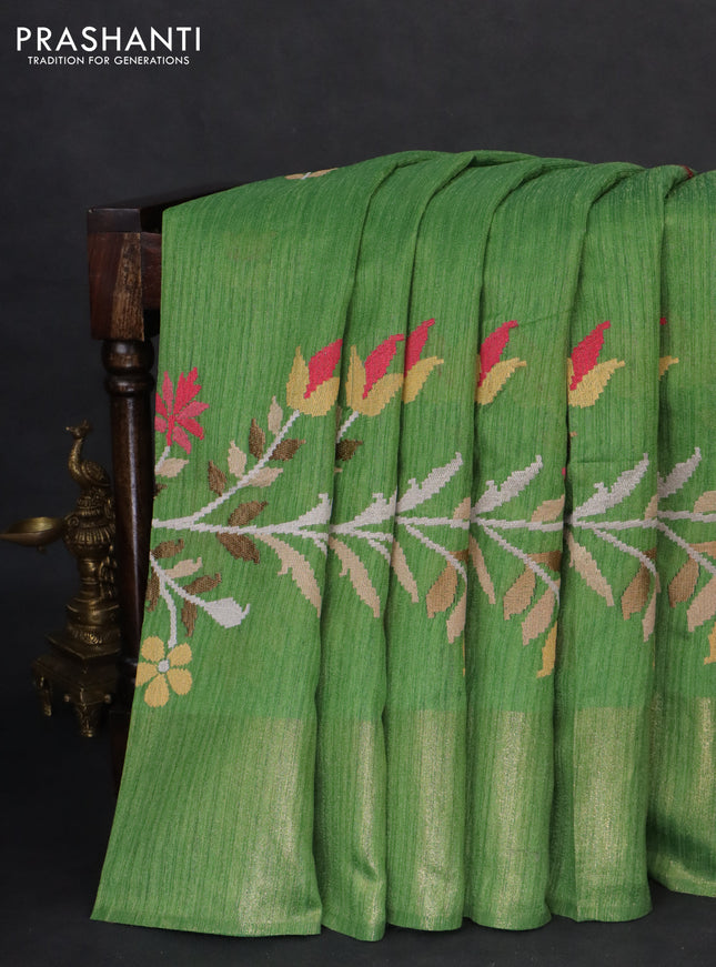 Matka tussar saree green with embroidery buttas and embroidery pallu & zari border