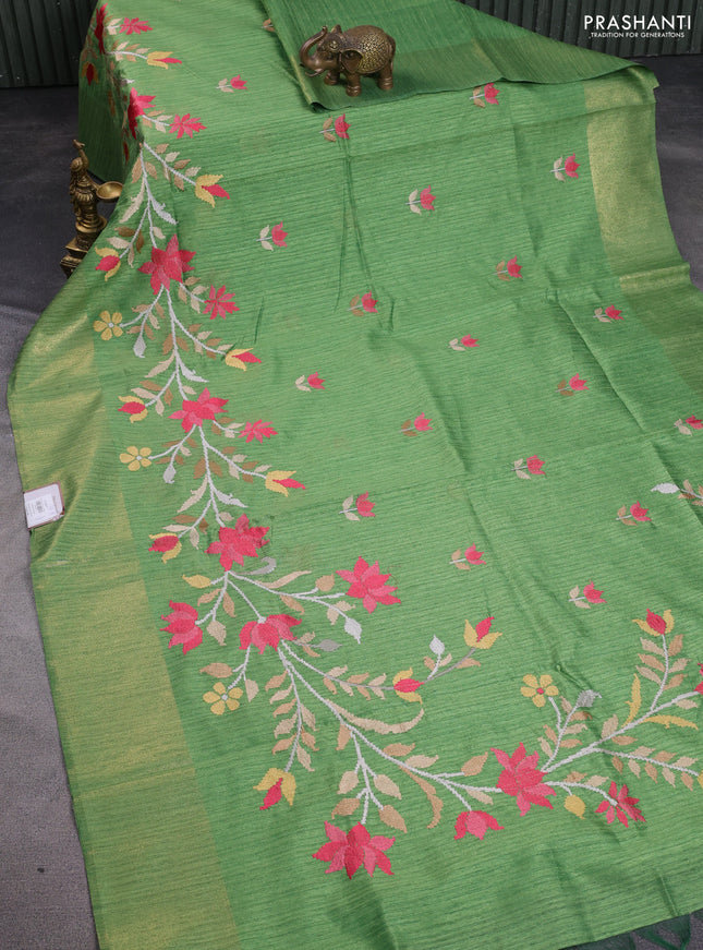 Matka tussar saree green with embroidery buttas and embroidery pallu & zari border