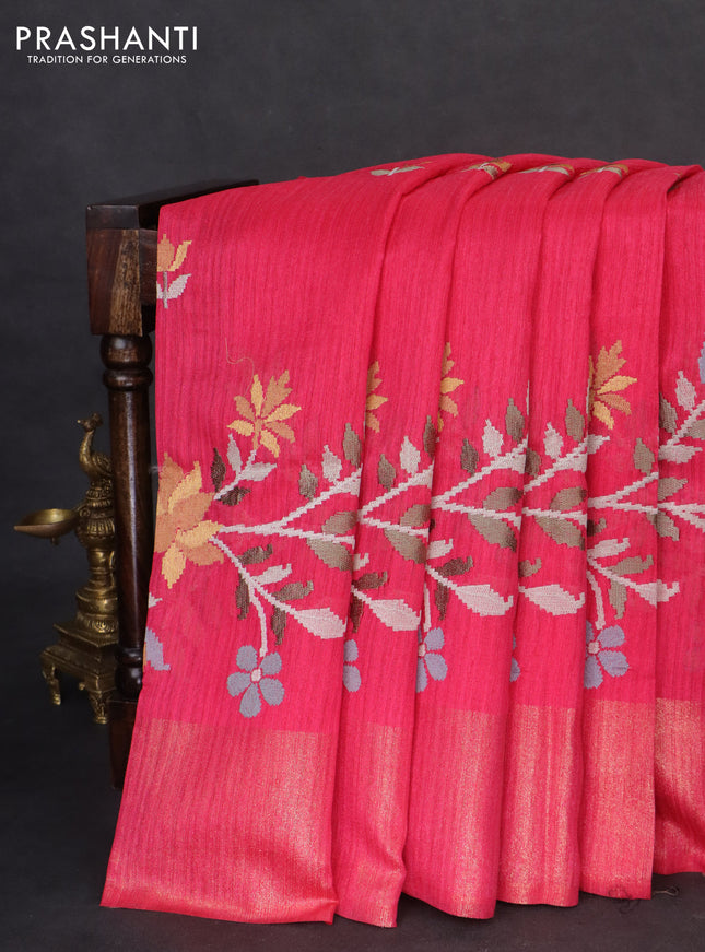 Matka tussar saree pink with embroidery buttas and embroidery pallu & zari border