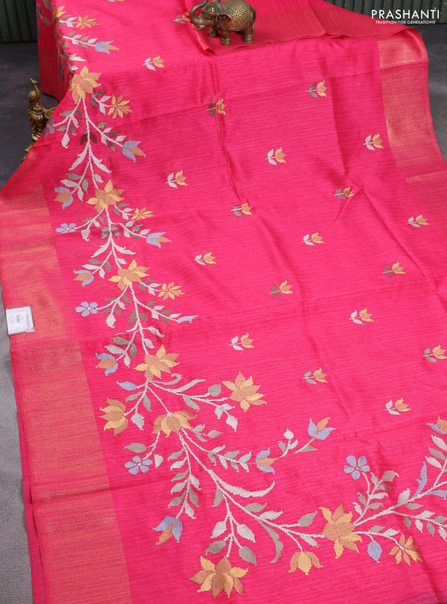 Matka tussar saree pink with embroidery buttas and embroidery pallu & zari border