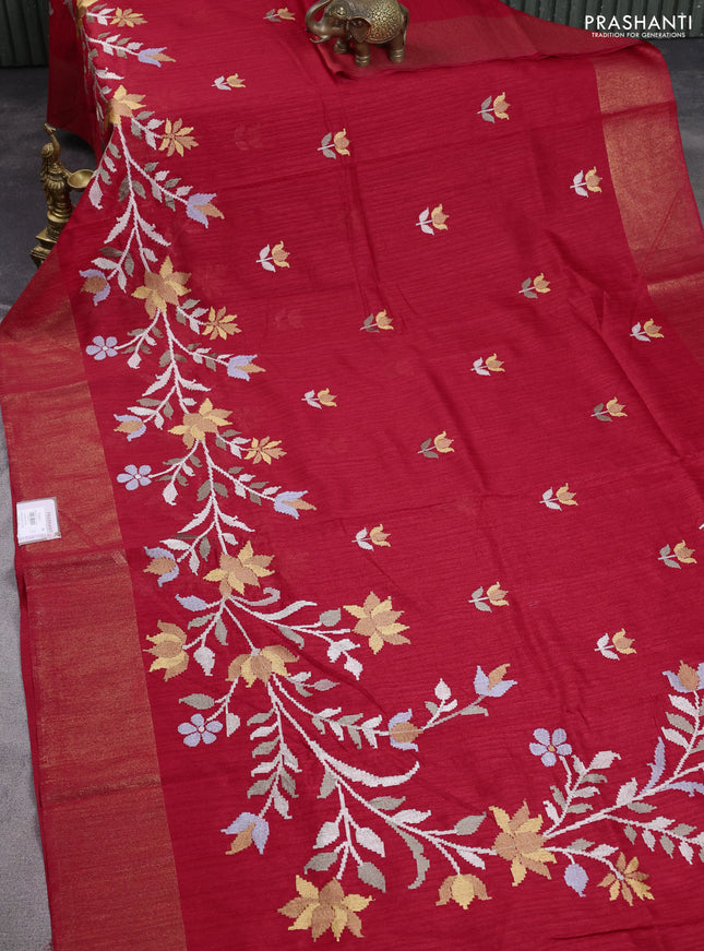 Matka tussar saree red with embroidery buttas and embroidery pallu & zari border