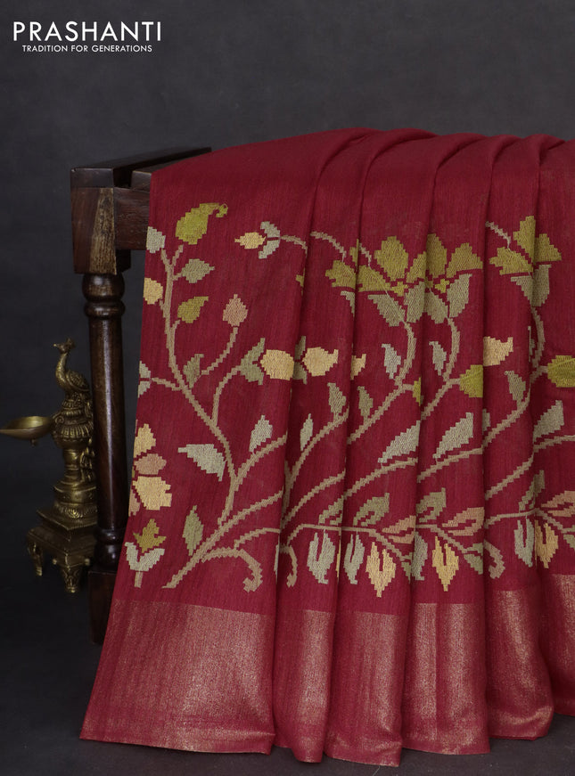 Matka tussar saree red with embroidery buttas and embroidery pallu & zari border