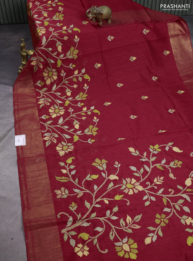 Matka tussar saree red with embroidery buttas and embroidery pallu & zari border