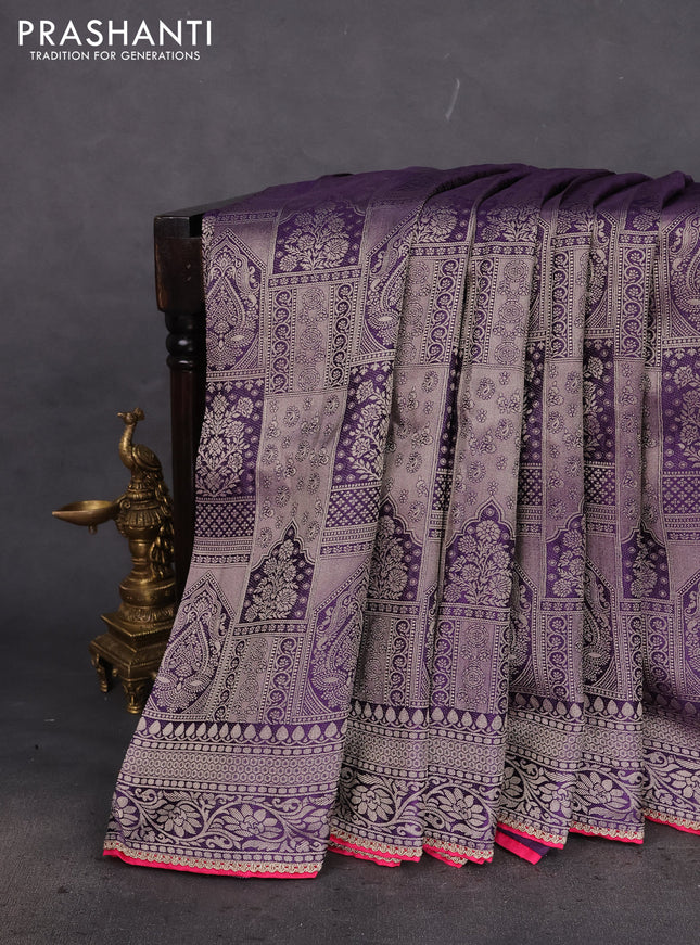 Banarasi silk saree violet and pink with allover zari weaves and lace work border