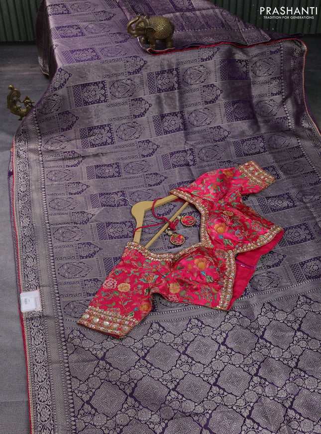 Banarasi silk saree violet and pink with allover zari weaves and lace work border