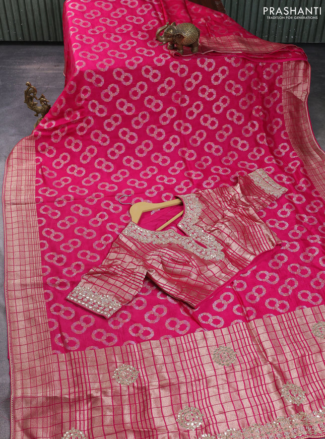 Banarasi silk saree pink with allover silver & gold zari woven buttas and gotapatti work pallu