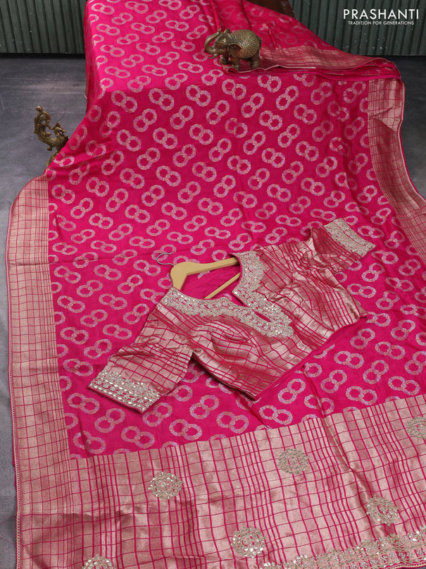Banarasi silk saree pink with allover silver & gold zari woven buttas and gotapatti work pallu