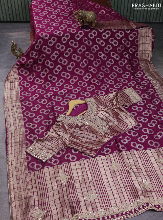 Banarasi silk saree purple and multi colour with allover silver & gold zari woven buttas and gotapatti work pallu