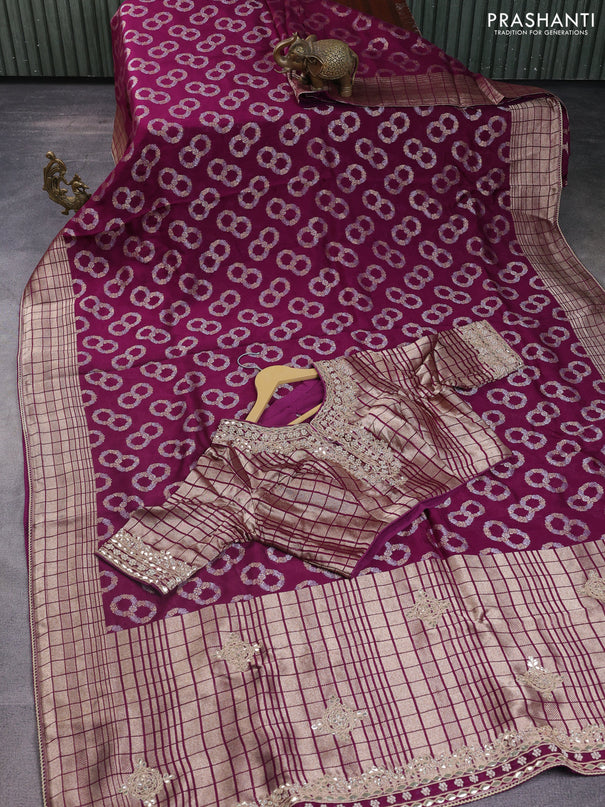 Banarasi silk saree purple and multi colour with allover silver & gold zari woven buttas and gotapatti work pallu