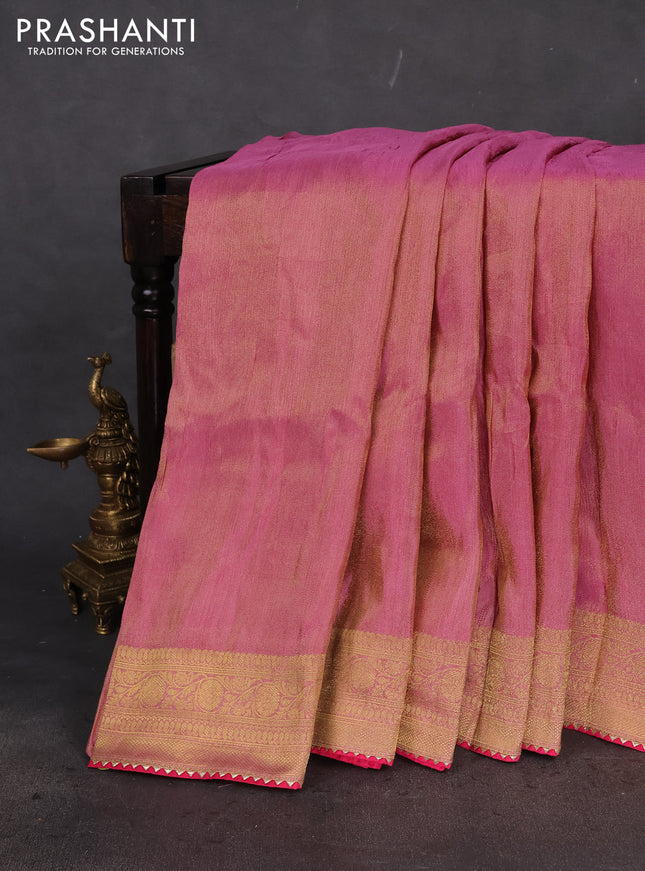 Banarasi silk saree light pink and multi colour with plain body and zari woven border