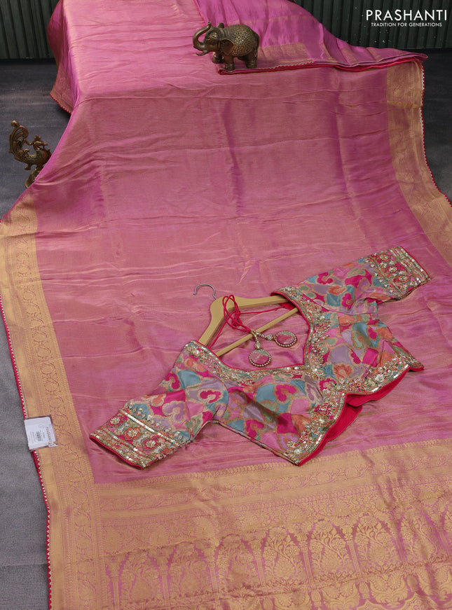 Banarasi silk saree light pink and multi colour with plain body and zari woven border