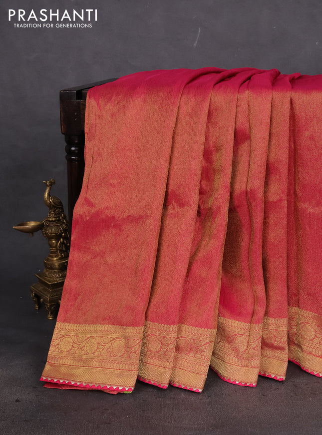 Banarasi silk saree dark pink and multi colour with plain body and zari woven border