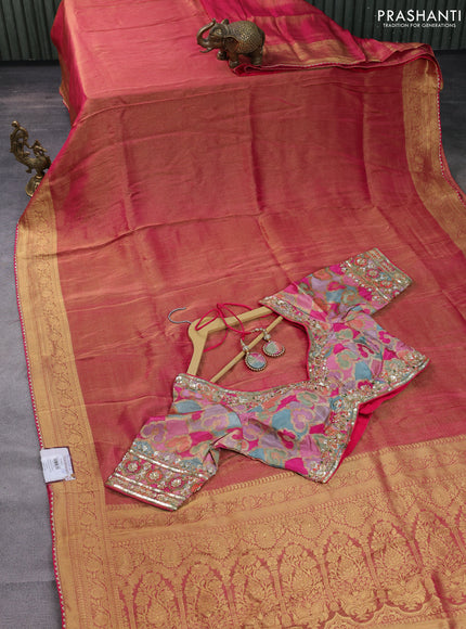 Banarasi silk saree dark pink and multi colour with plain body and zari woven border