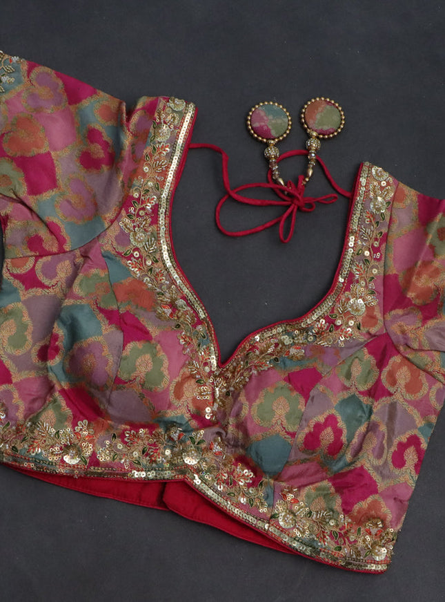 Banarasi silk saree dark pink and multi colour with plain body and zari woven border