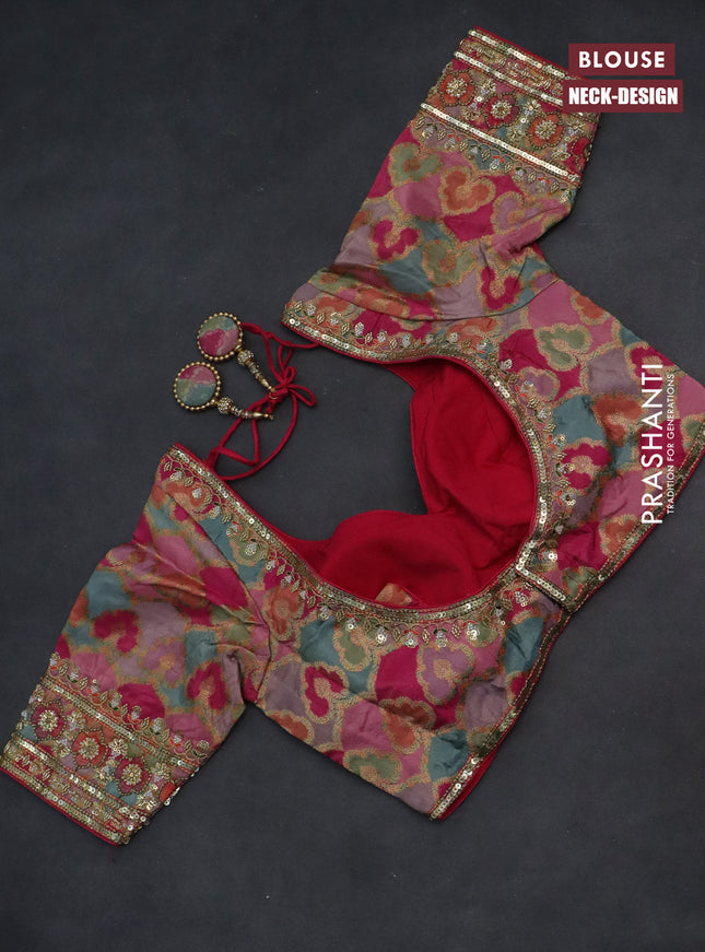 Banarasi silk saree dark pink and multi colour with plain body and zari woven border