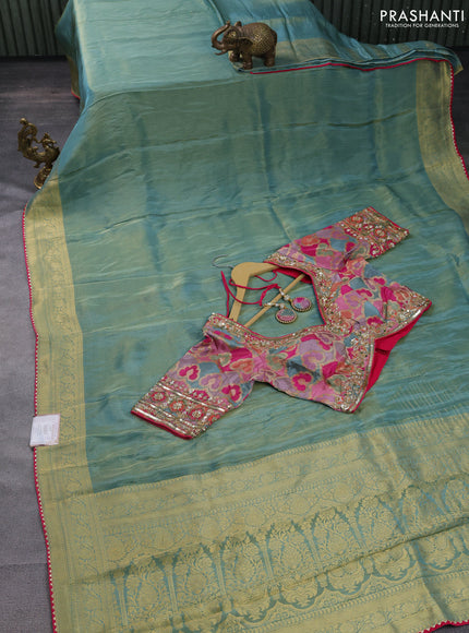 Banarasi silk saree pastel green and multi colour with plain body and zari woven border