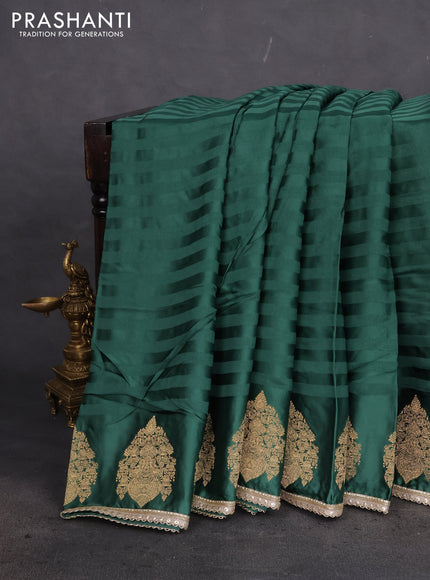 Satin crepe silk saree green with plain body and zari butta border & rich zari pallu