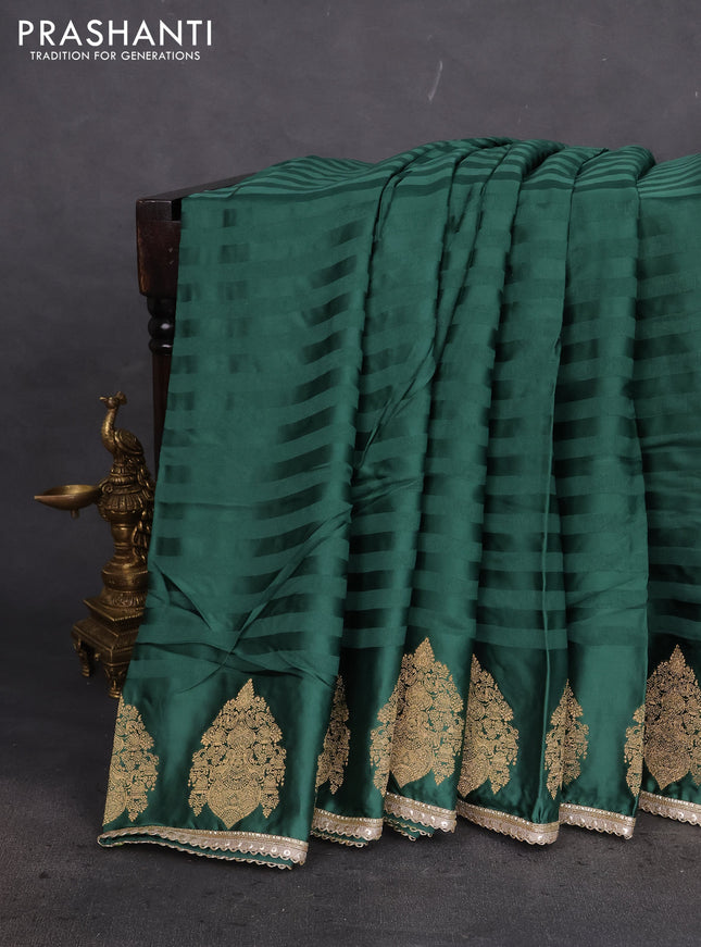Satin crepe silk saree green with plain body and zari butta border & rich zari pallu