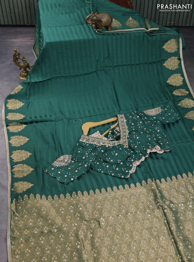 Satin crepe silk saree green with plain body and zari butta border & rich zari pallu