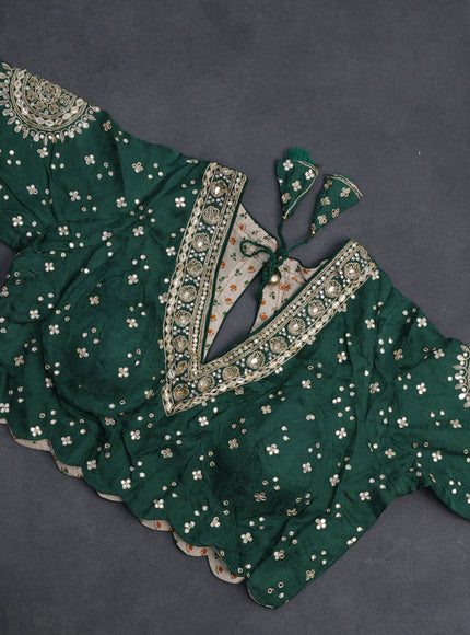 Satin crepe silk saree green with plain body and zari butta border & rich zari pallu