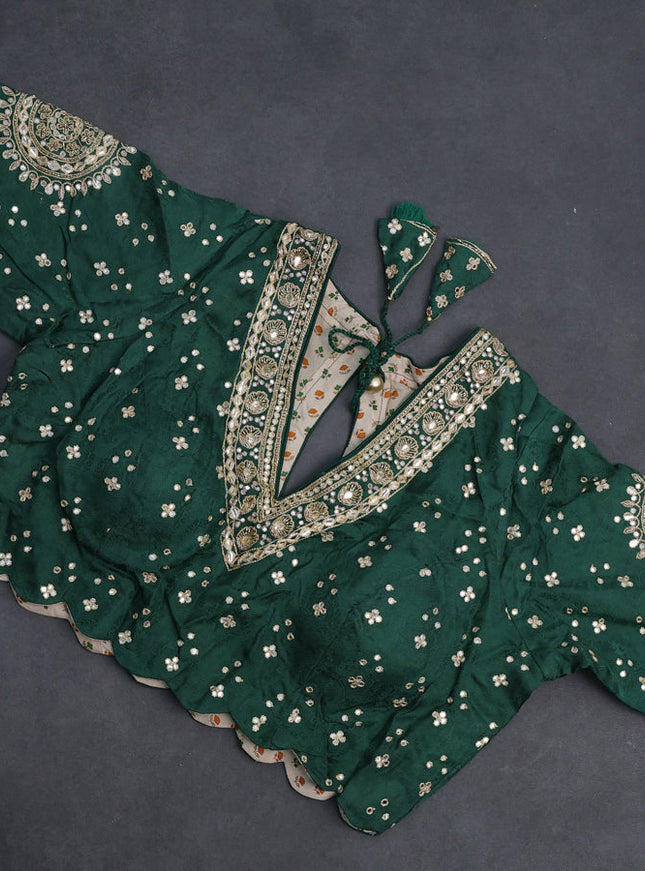 Satin crepe silk saree green with plain body and zari butta border & rich zari pallu