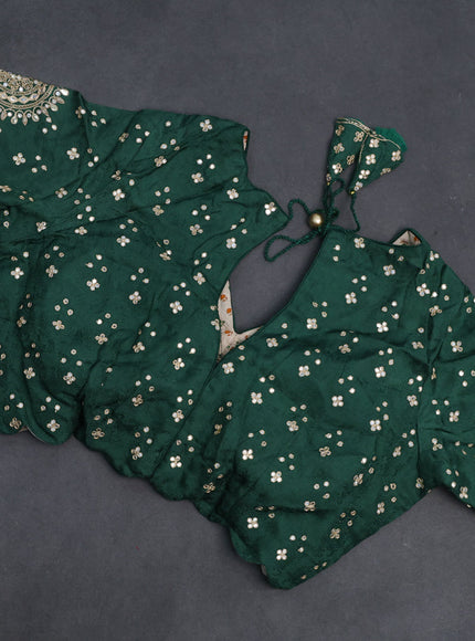 Satin crepe silk saree green with plain body and zari butta border & rich zari pallu