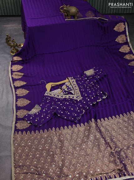 Satin crepe silk saree violet with plain body and zari butta border & rich zari pallu