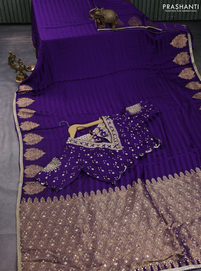 Satin crepe silk saree violet with plain body and zari butta border & rich zari pallu