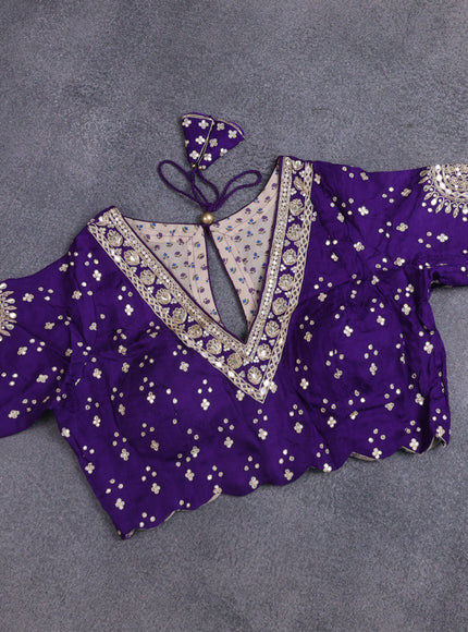 Satin crepe silk saree violet with plain body and zari butta border & rich zari pallu