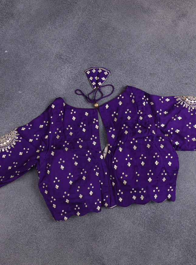 Satin crepe silk saree violet with plain body and zari butta border & rich zari pallu