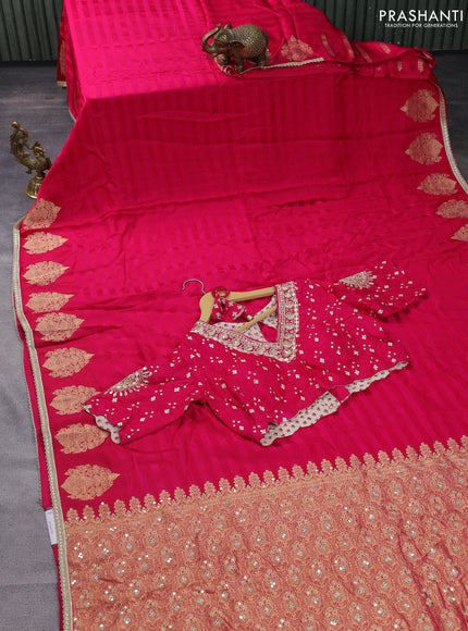 Satin crepe silk saree pink with plain body and zari butta border & rich zari pallu