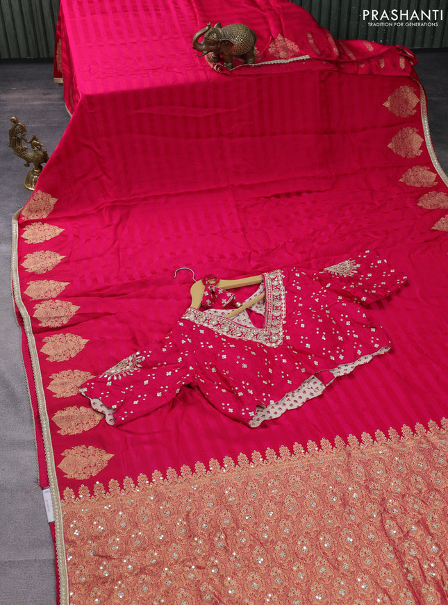Satin crepe silk saree pink with plain body and zari butta border & rich zari pallu