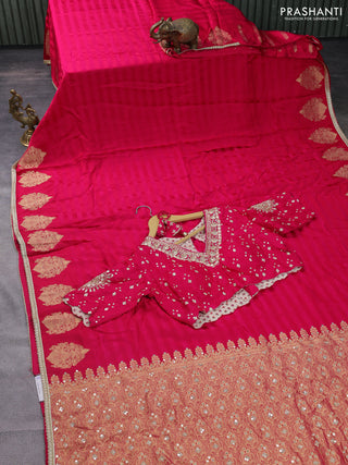 Satin crepe silk saree pink with plain body and zari butta border & rich zari pallu
