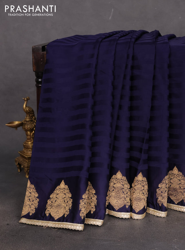 Satin crepe silk saree navy blue with plain body and zari butta border & rich zari pallu