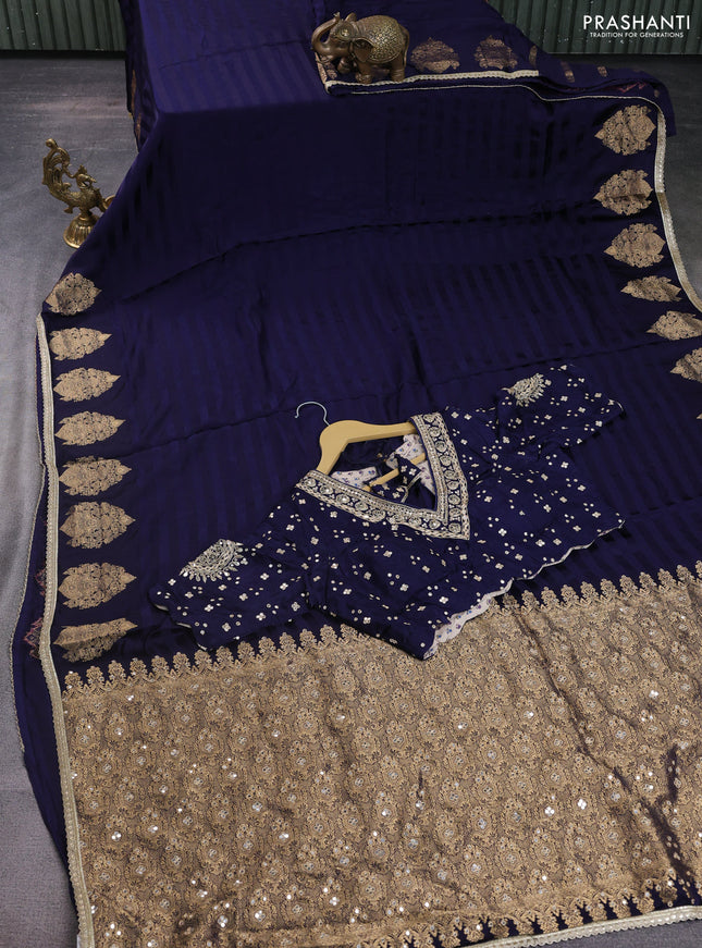 Satin crepe silk saree navy blue with plain body and zari butta border & rich zari pallu
