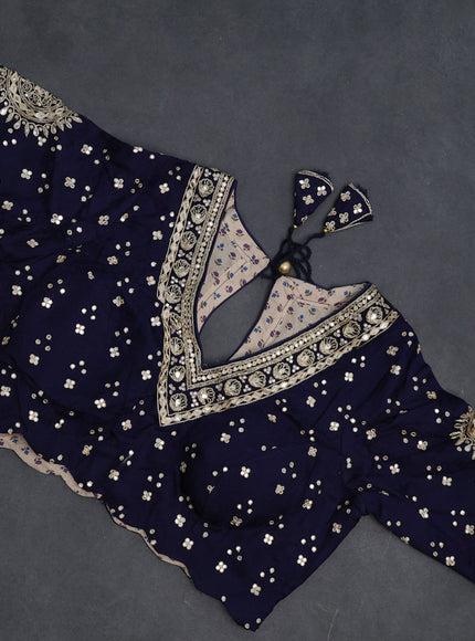 Satin crepe silk saree navy blue with plain body and zari butta border & rich zari pallu