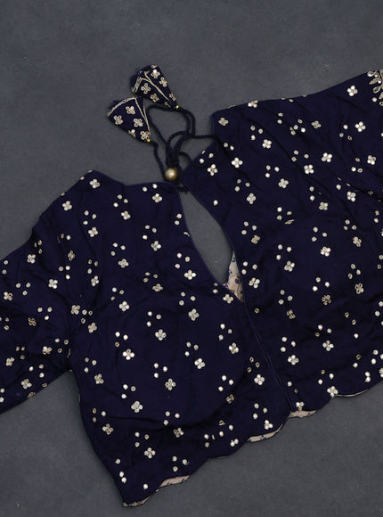 Satin crepe silk saree navy blue with plain body and zari butta border & rich zari pallu