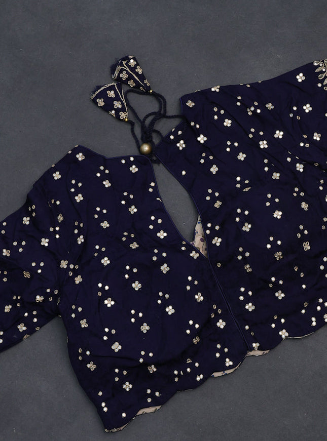 Satin crepe silk saree navy blue with plain body and zari butta border & rich zari pallu