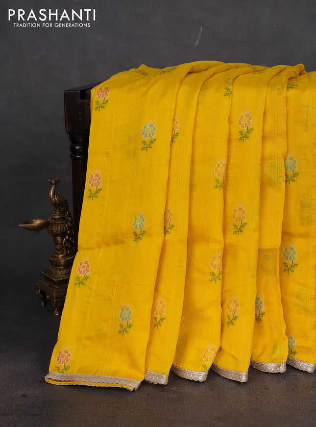Banarasi silk saree yellow with thread & zari woven floral buttas and gotapatti work pallu