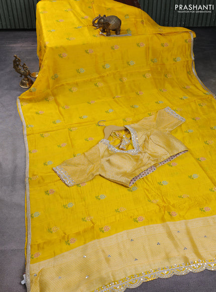 Banarasi silk saree yellow with thread & zari woven floral buttas and gotapatti work pallu