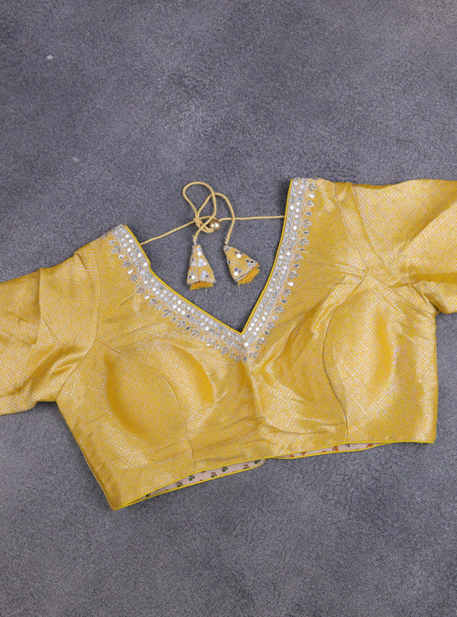 Banarasi silk saree yellow with thread & zari woven floral buttas and gotapatti work pallu