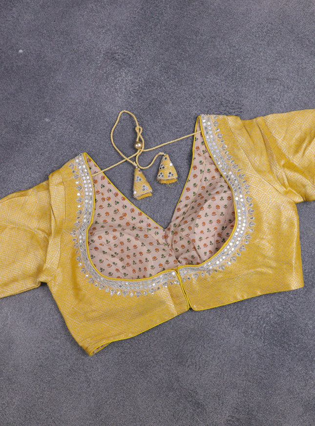 Banarasi silk saree yellow with thread & zari woven floral buttas and gotapatti work pallu