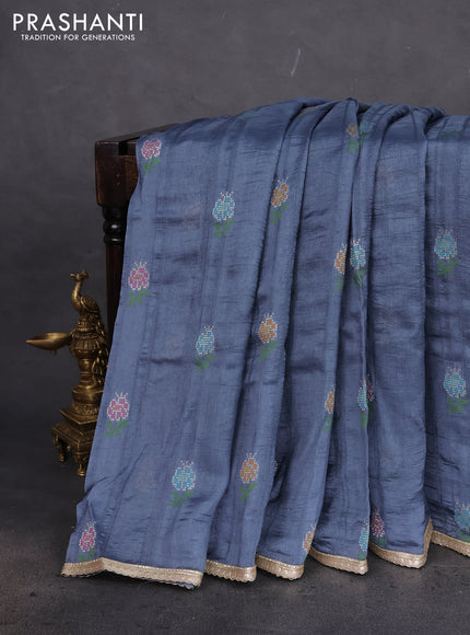 Banarasi silk saree grey with thread & zari woven floral buttas and gotapatti work pallu