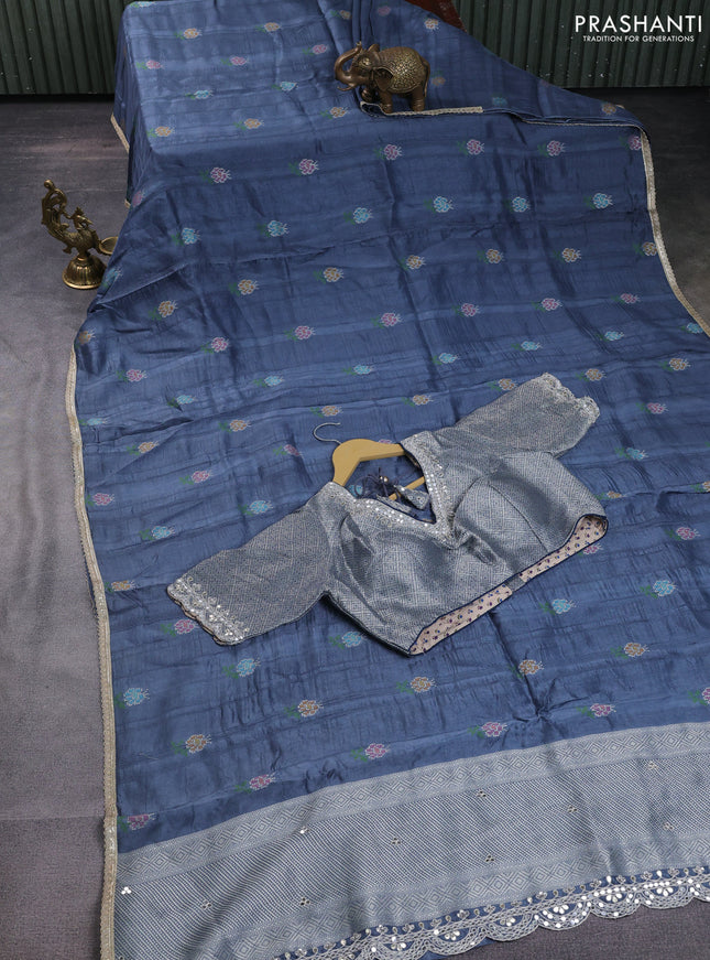 Banarasi silk saree grey with thread & zari woven floral buttas and gotapatti work pallu